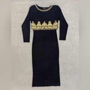 Carole Little Black Midi Dress with Gold Beading- Vintage 80s 90s Elegant Slit